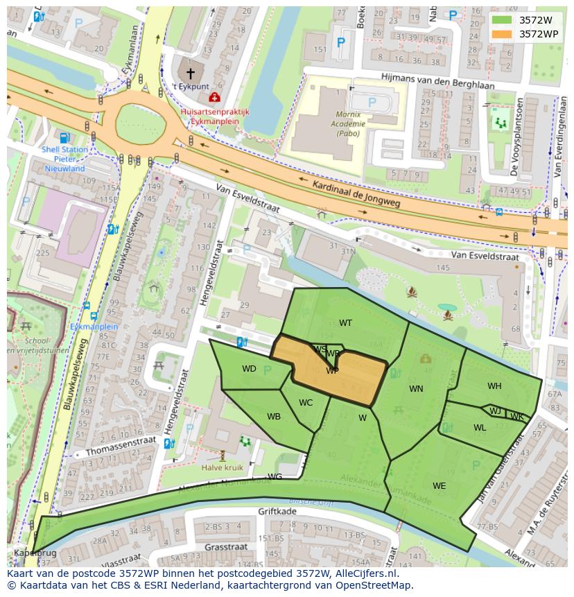 Afbeelding van het postcodegebied 3572 WP op de kaart.