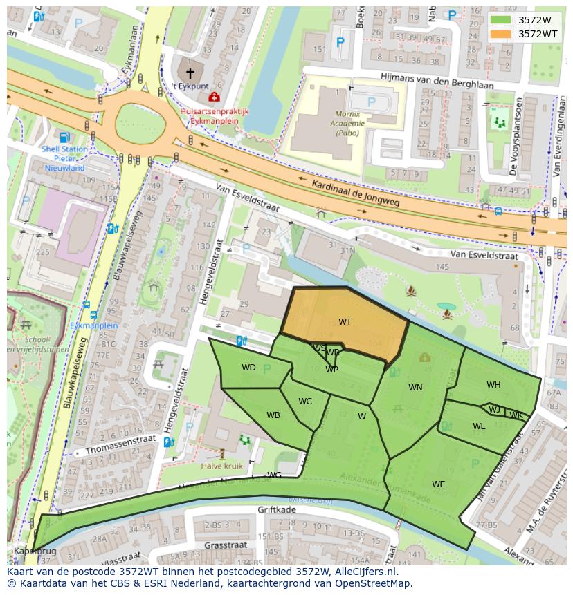 Afbeelding van het postcodegebied 3572 WT op de kaart.