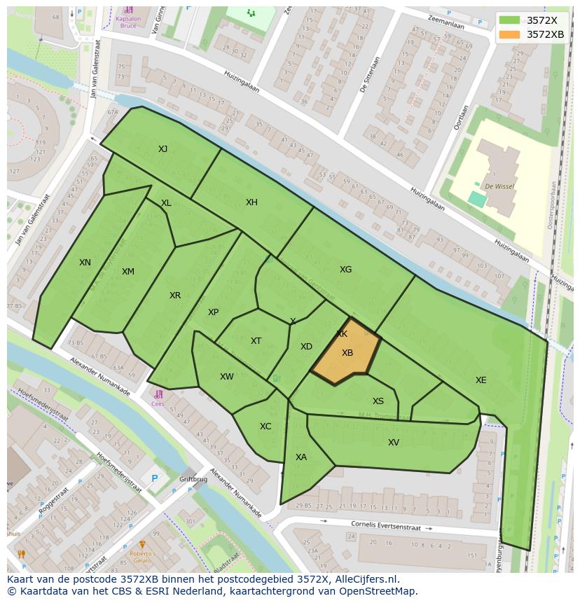 Afbeelding van het postcodegebied 3572 XB op de kaart.