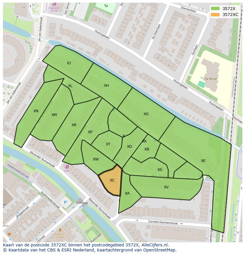 Afbeelding van het postcodegebied 3572 XC op de kaart.