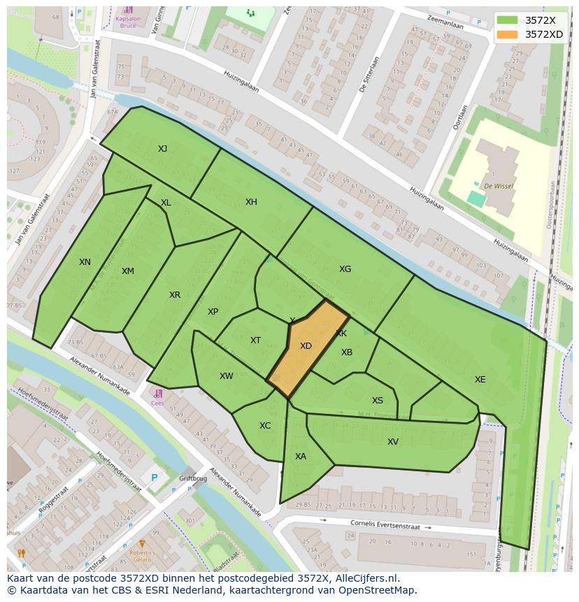 Afbeelding van het postcodegebied 3572 XD op de kaart.