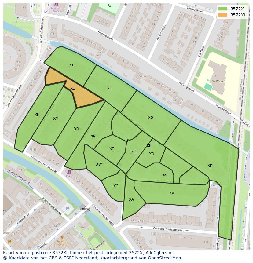 Afbeelding van het postcodegebied 3572 XL op de kaart.