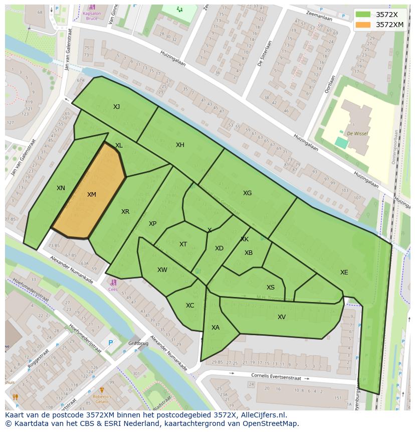 Afbeelding van het postcodegebied 3572 XM op de kaart.