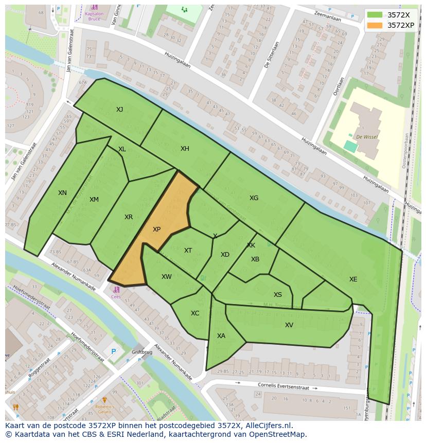 Afbeelding van het postcodegebied 3572 XP op de kaart.