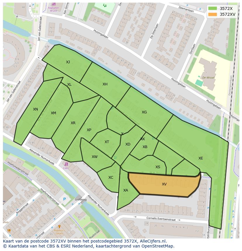 Afbeelding van het postcodegebied 3572 XV op de kaart.
