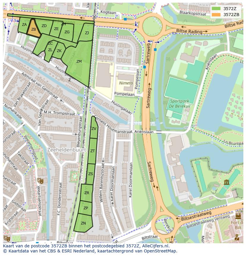 Afbeelding van het postcodegebied 3572 ZB op de kaart.