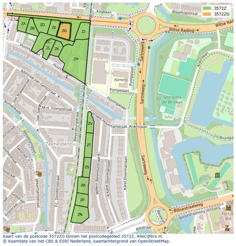 Afbeelding van het postcodegebied 3572 ZG op de kaart.