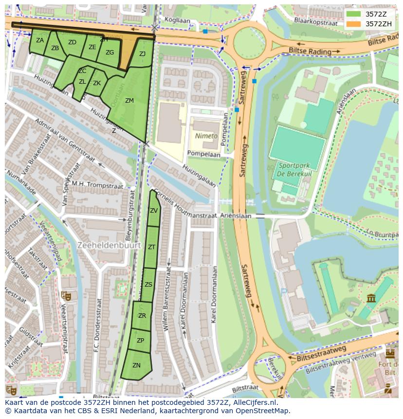 Afbeelding van het postcodegebied 3572 ZH op de kaart.