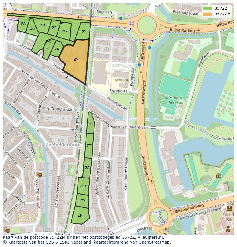 Afbeelding van het postcodegebied 3572 ZM op de kaart.