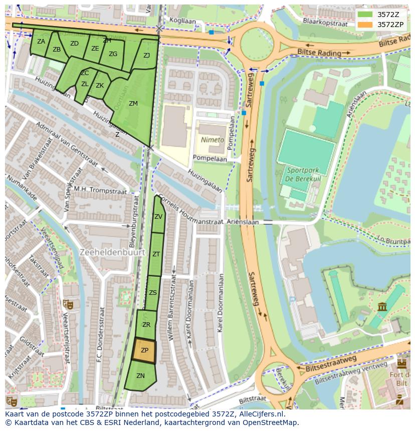 Afbeelding van het postcodegebied 3572 ZP op de kaart.