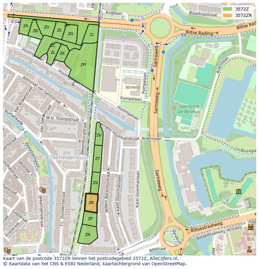 Afbeelding van het postcodegebied 3572 ZR op de kaart.