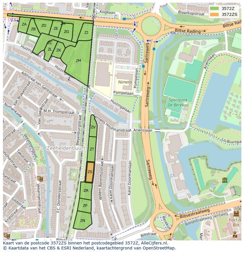 Afbeelding van het postcodegebied 3572 ZS op de kaart.