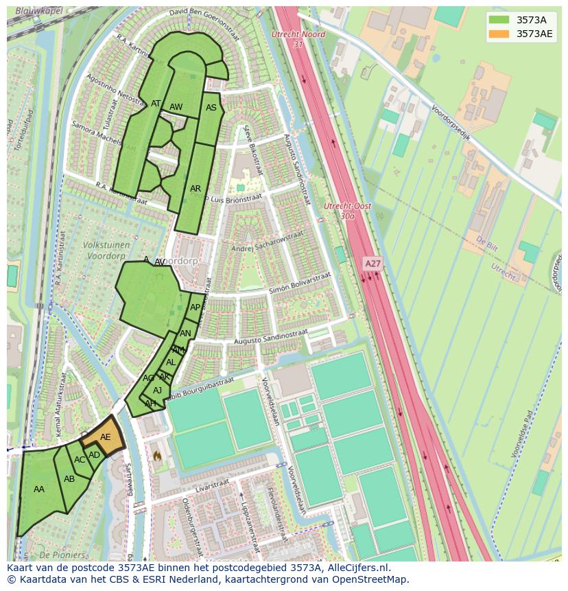 Afbeelding van het postcodegebied 3573 AE op de kaart.