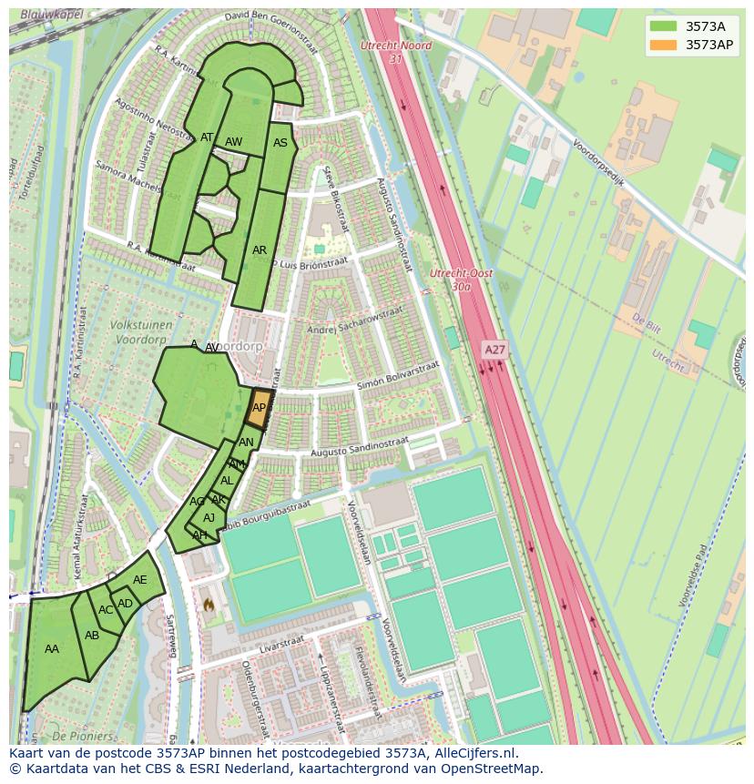 Afbeelding van het postcodegebied 3573 AP op de kaart.