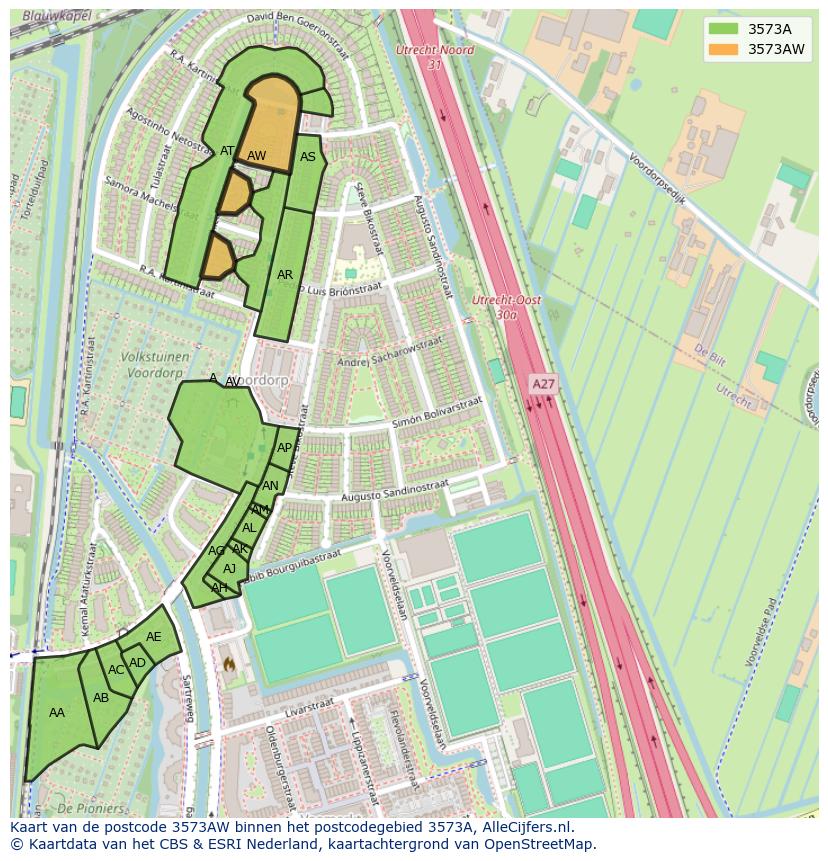 Afbeelding van het postcodegebied 3573 AW op de kaart.