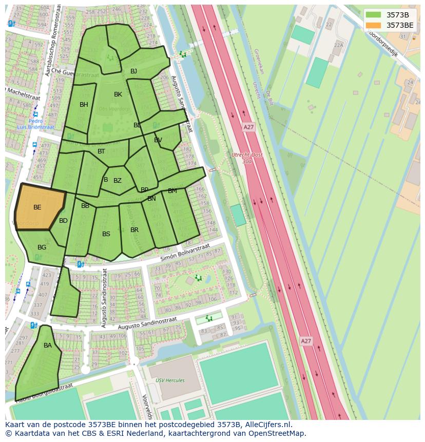 Afbeelding van het postcodegebied 3573 BE op de kaart.