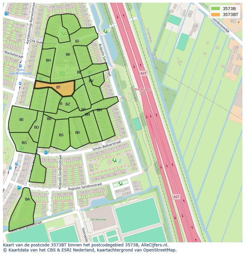 Afbeelding van het postcodegebied 3573 BT op de kaart.