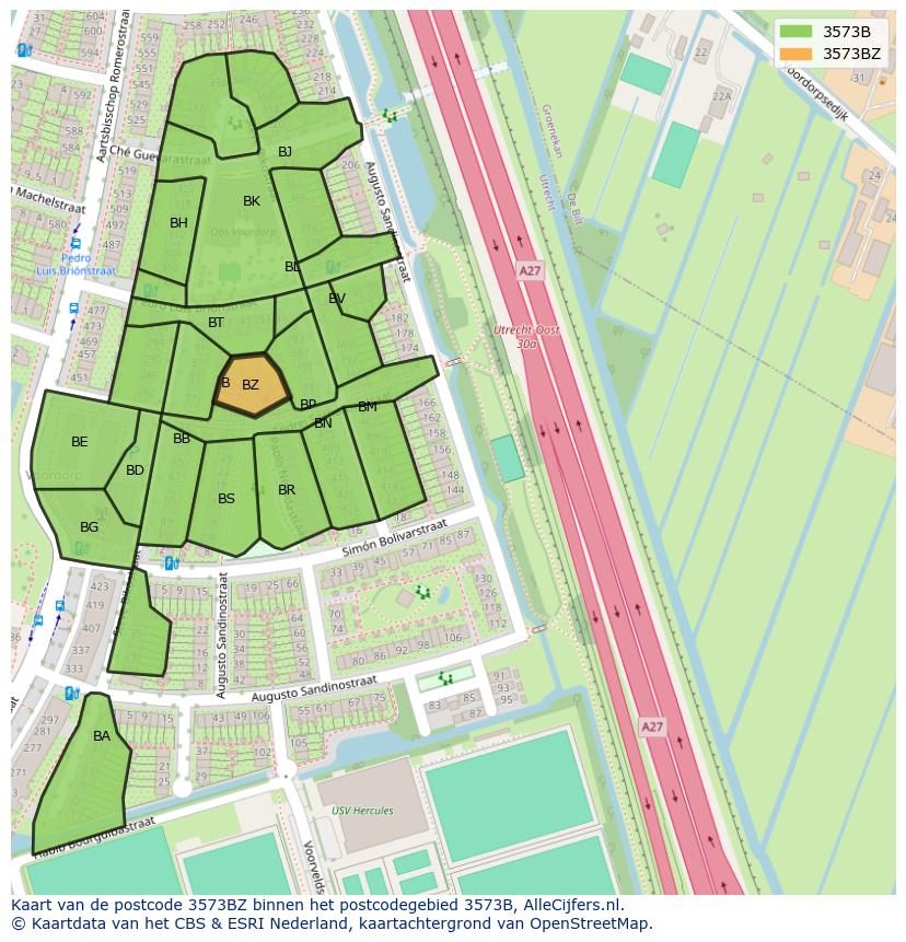 Afbeelding van het postcodegebied 3573 BZ op de kaart.