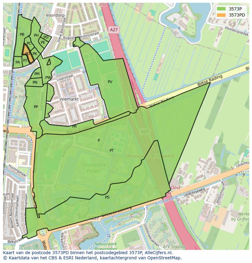 Afbeelding van het postcodegebied 3573 PD op de kaart.