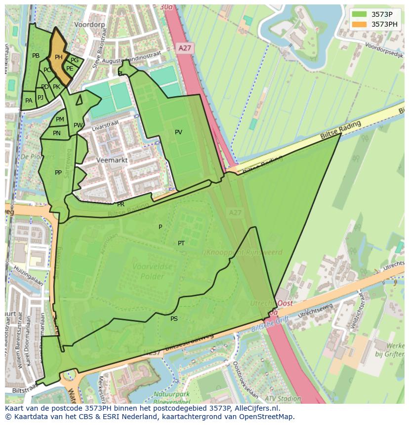 Afbeelding van het postcodegebied 3573 PH op de kaart.