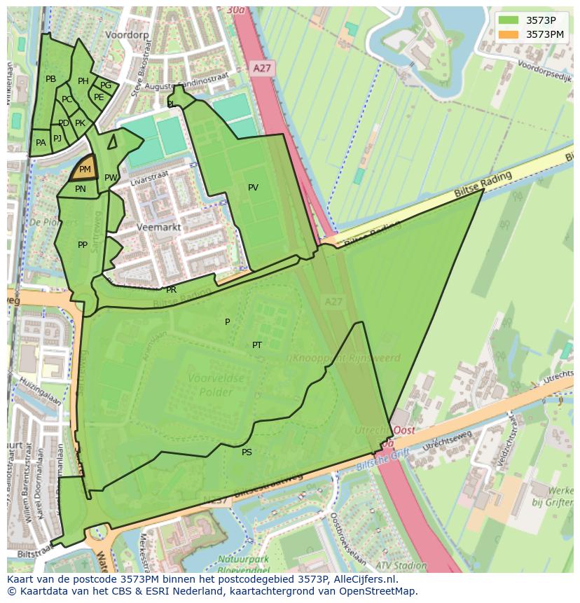 Afbeelding van het postcodegebied 3573 PM op de kaart.