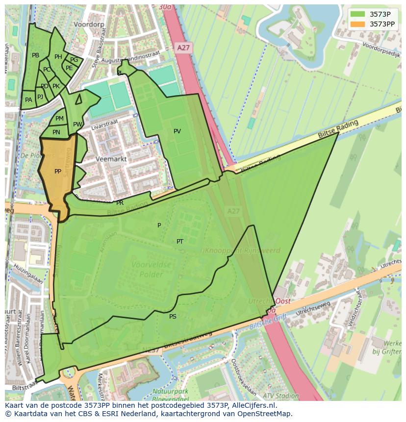 Afbeelding van het postcodegebied 3573 PP op de kaart.