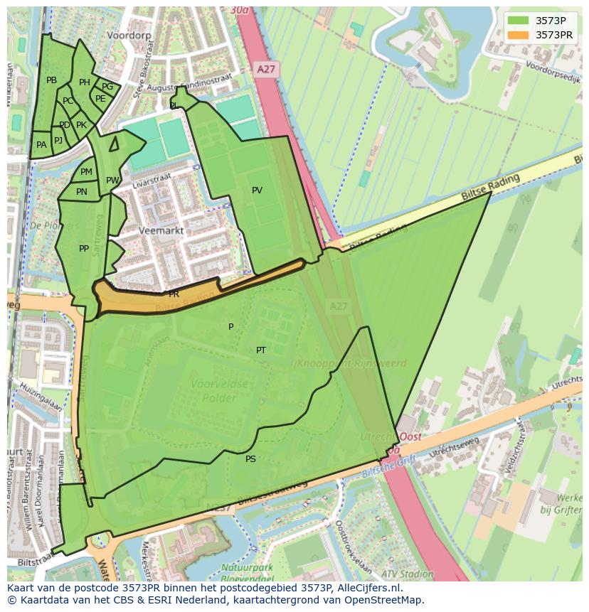 Afbeelding van het postcodegebied 3573 PR op de kaart.