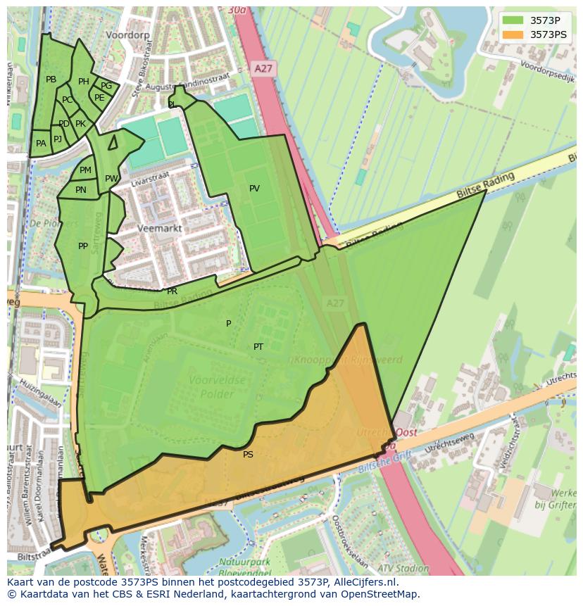 Afbeelding van het postcodegebied 3573 PS op de kaart.