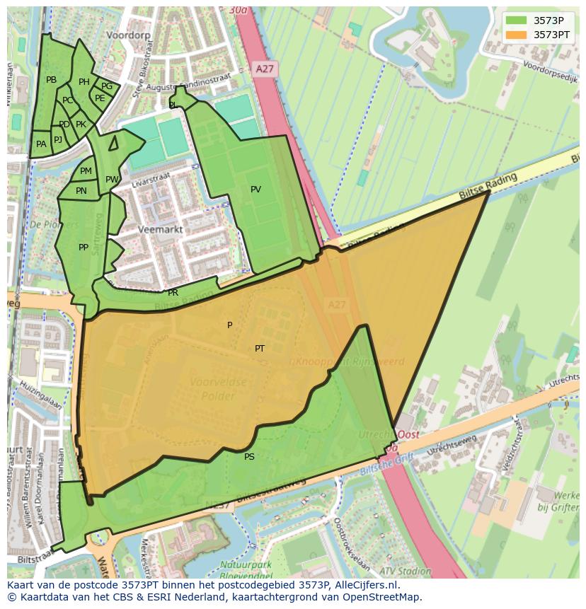 Afbeelding van het postcodegebied 3573 PT op de kaart.