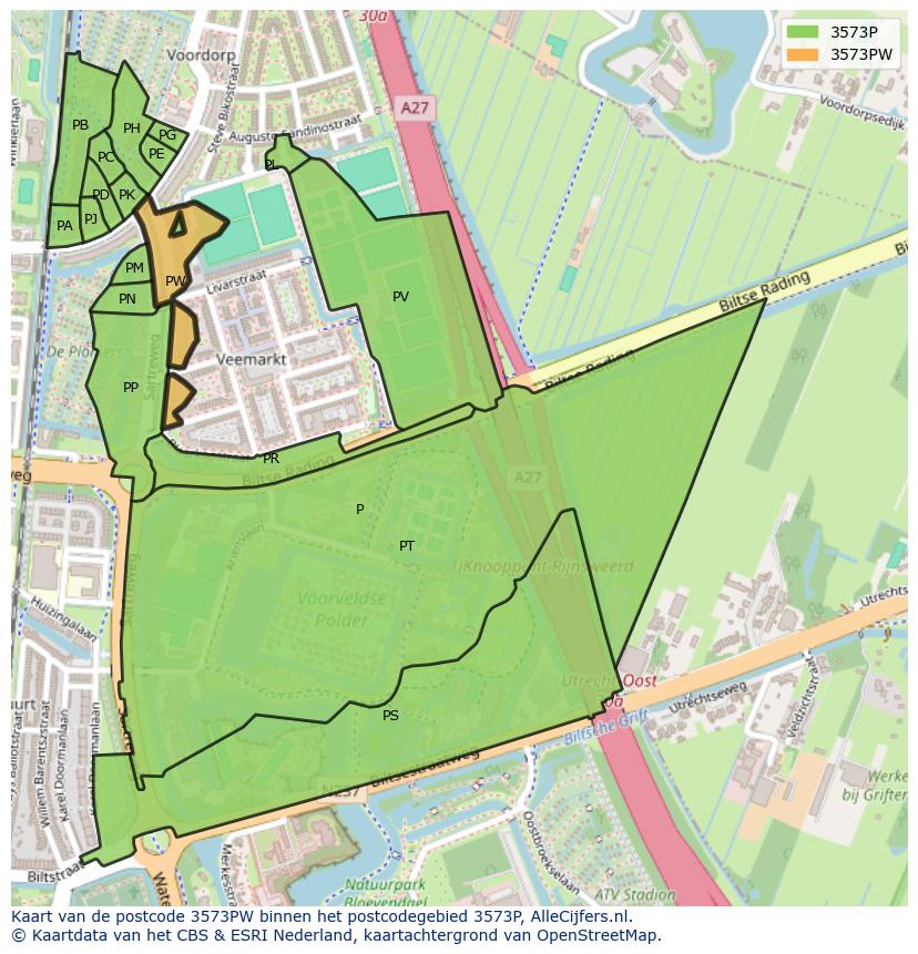 Afbeelding van het postcodegebied 3573 PW op de kaart.