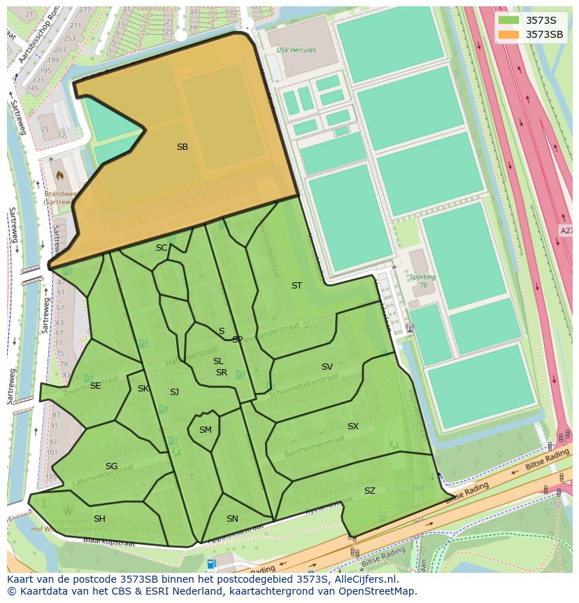 Afbeelding van het postcodegebied 3573 SB op de kaart.