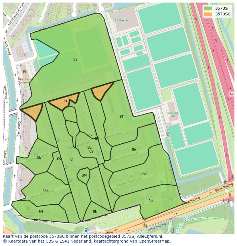 Afbeelding van het postcodegebied 3573 SC op de kaart.