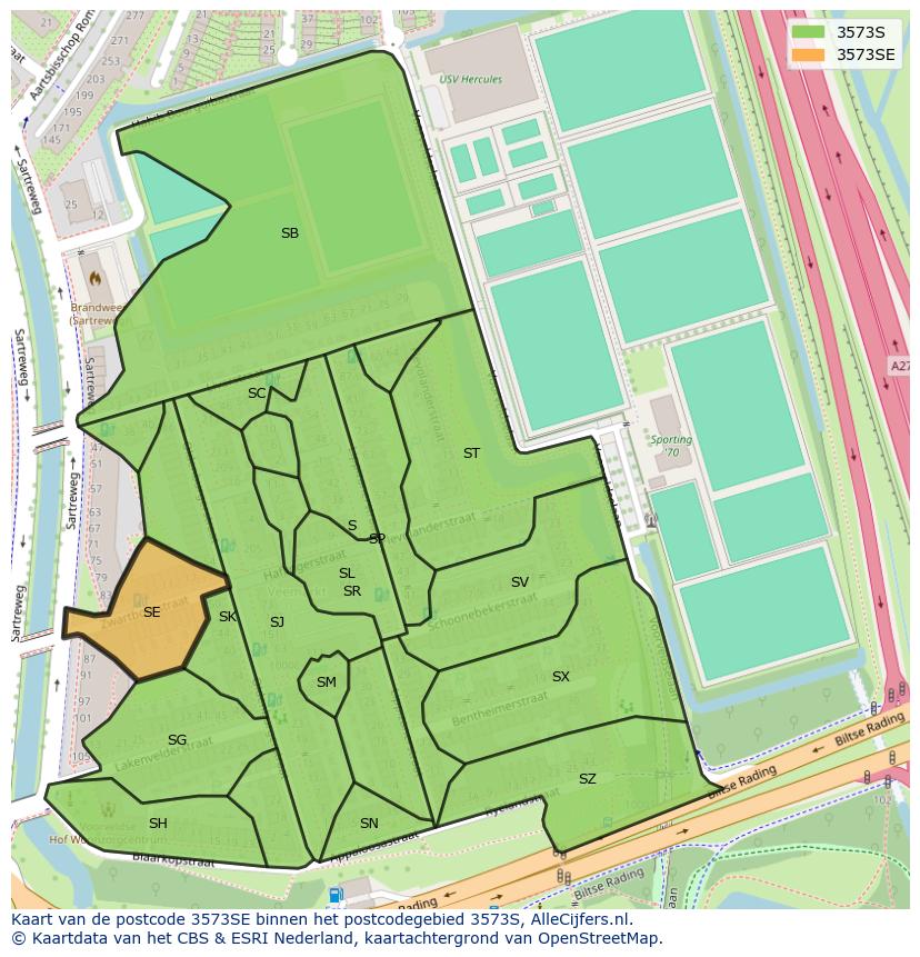 Afbeelding van het postcodegebied 3573 SE op de kaart.