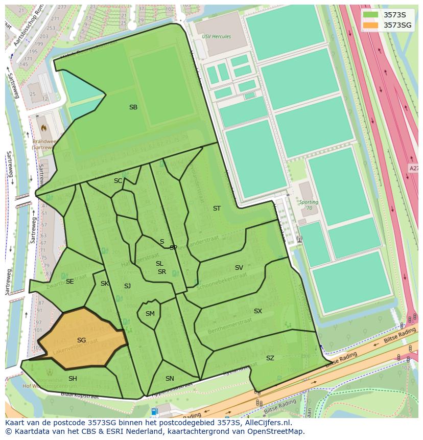 Afbeelding van het postcodegebied 3573 SG op de kaart.