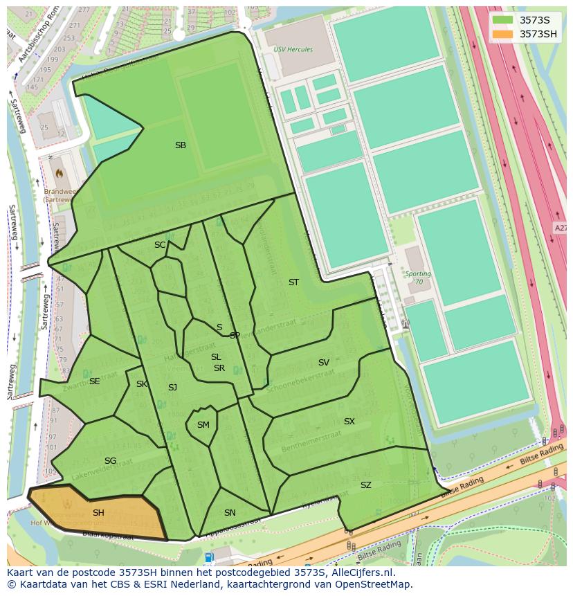 Afbeelding van het postcodegebied 3573 SH op de kaart.