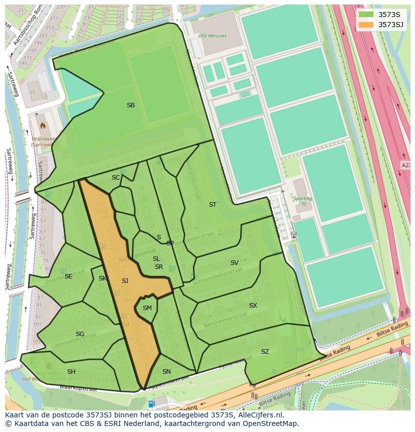 Afbeelding van het postcodegebied 3573 SJ op de kaart.