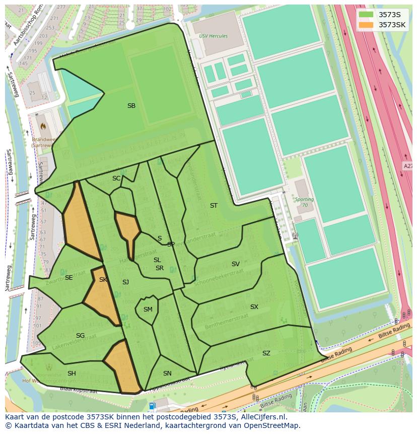 Afbeelding van het postcodegebied 3573 SK op de kaart.