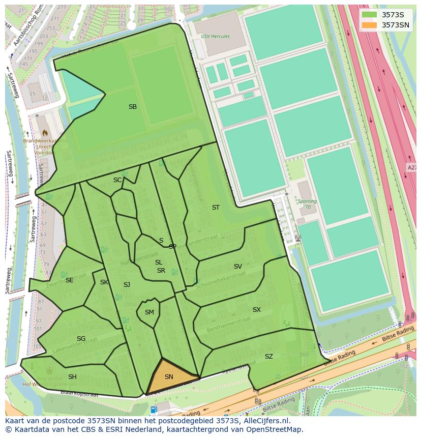 Afbeelding van het postcodegebied 3573 SN op de kaart.