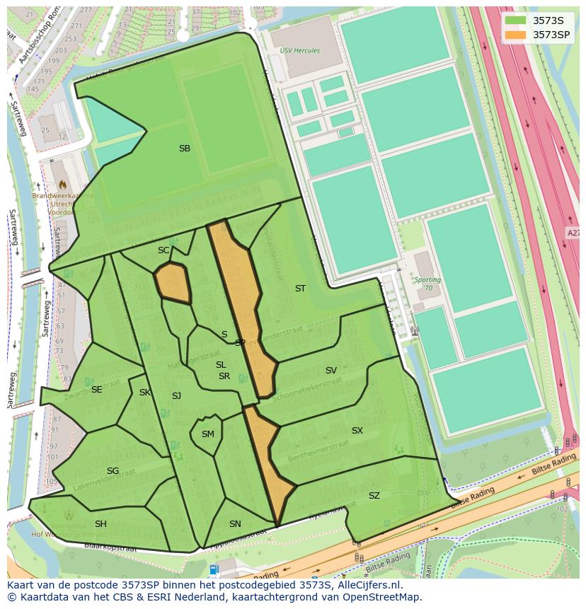 Afbeelding van het postcodegebied 3573 SP op de kaart.