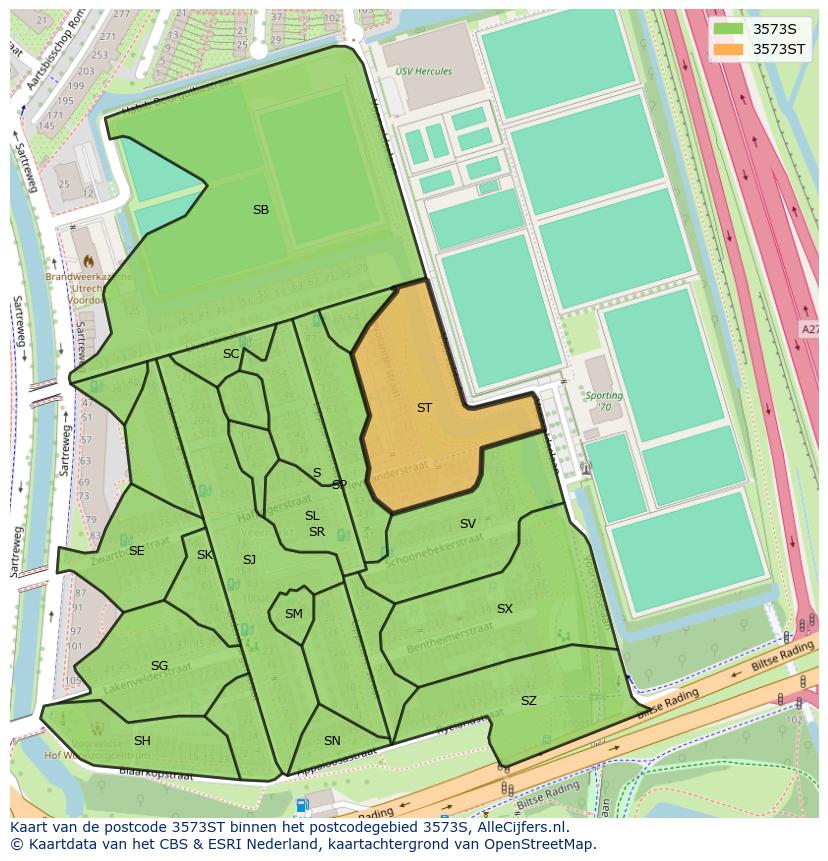 Afbeelding van het postcodegebied 3573 ST op de kaart.