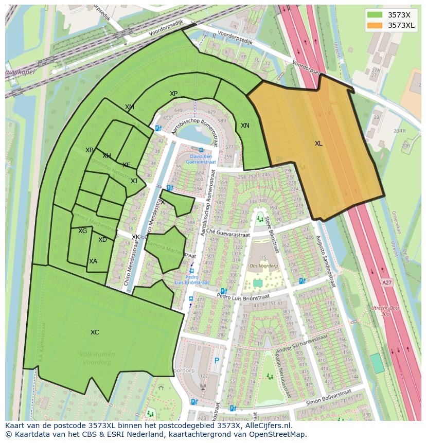Afbeelding van het postcodegebied 3573 XL op de kaart.