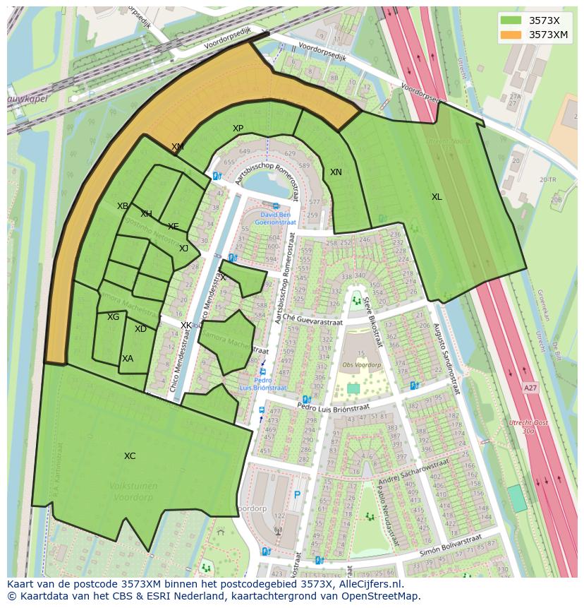 Afbeelding van het postcodegebied 3573 XM op de kaart.