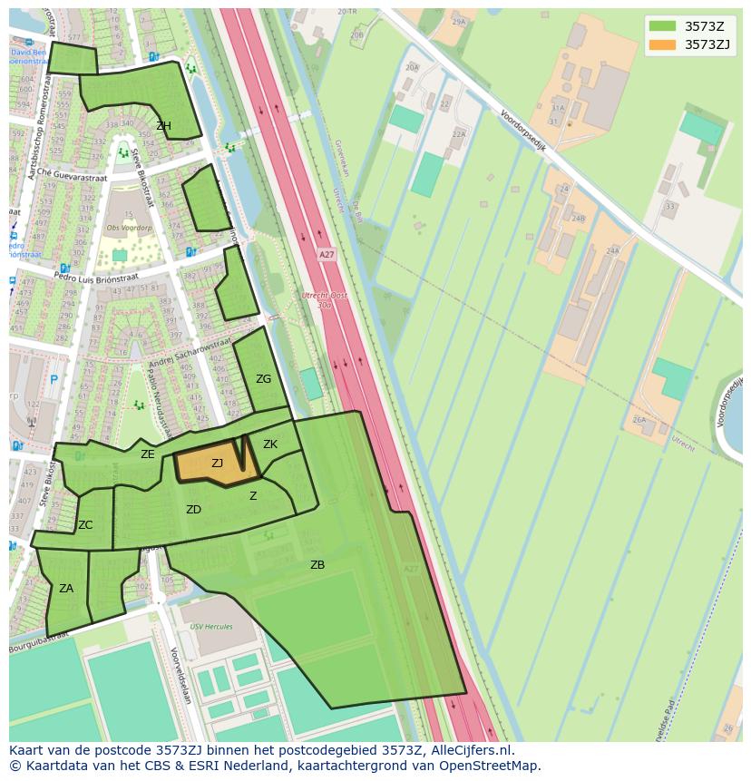 Afbeelding van het postcodegebied 3573 ZJ op de kaart.