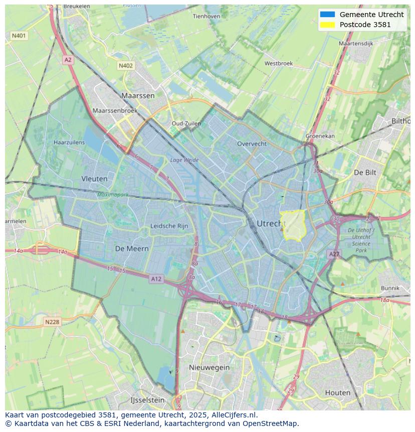 Afbeelding van het postcodegebied 3581 op de kaart.
