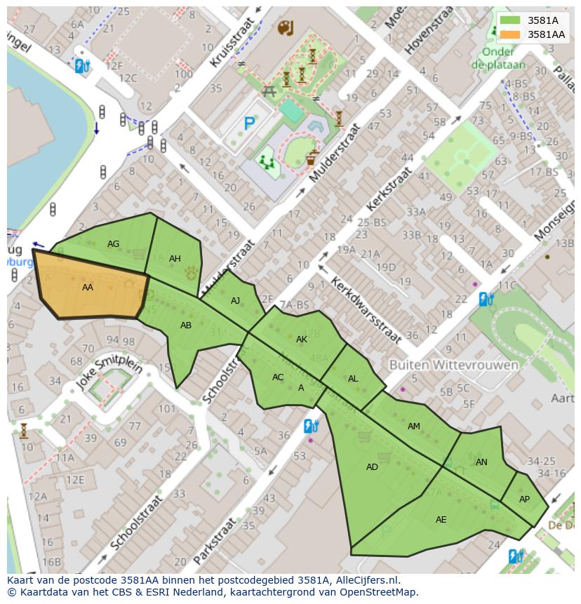 Afbeelding van het postcodegebied 3581 AA op de kaart.