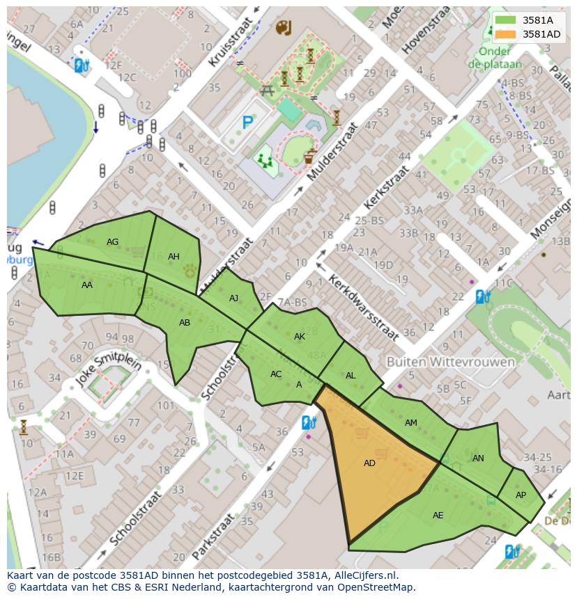 Afbeelding van het postcodegebied 3581 AD op de kaart.