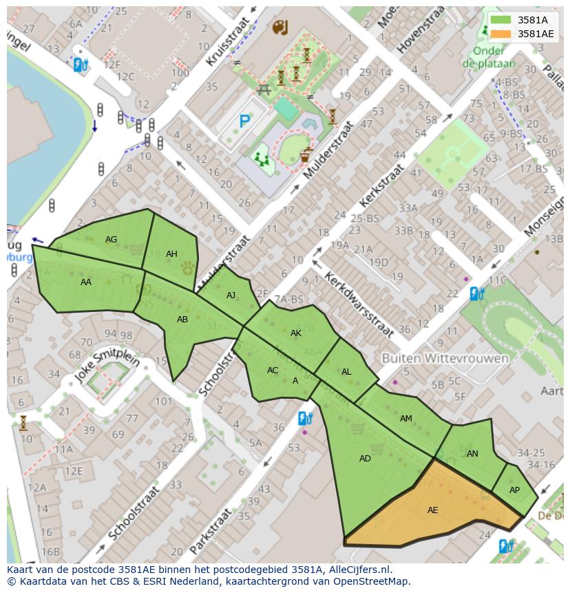 Afbeelding van het postcodegebied 3581 AE op de kaart.