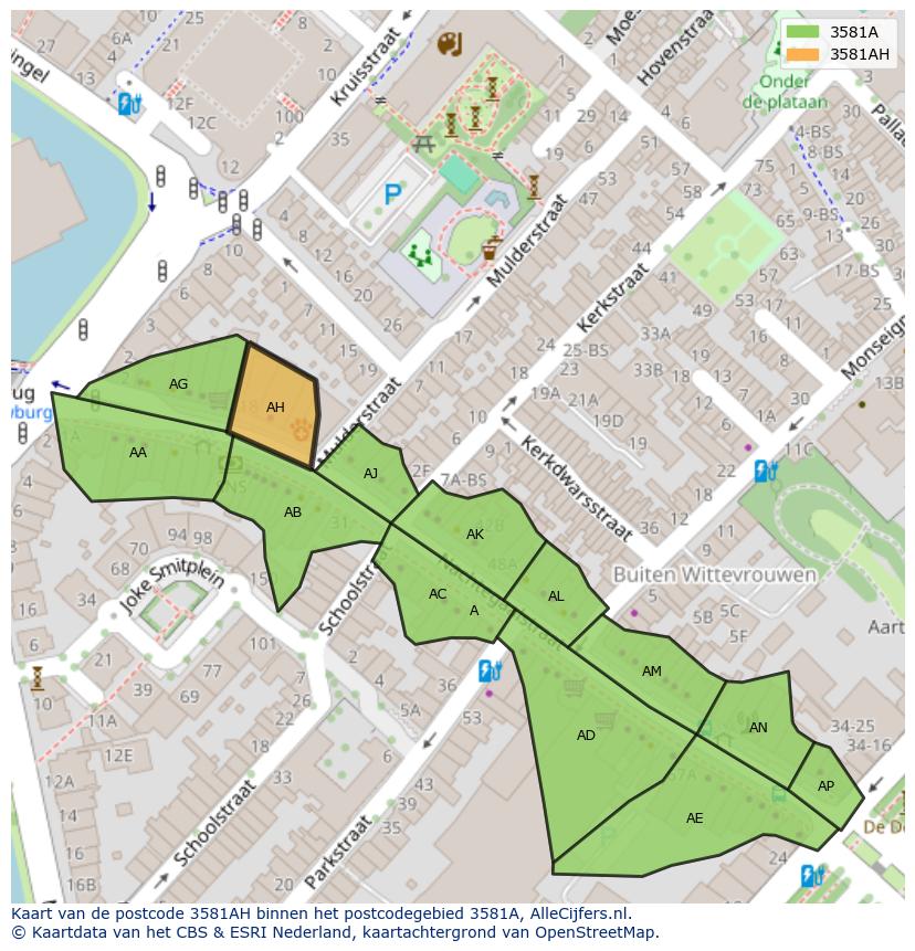 Afbeelding van het postcodegebied 3581 AH op de kaart.