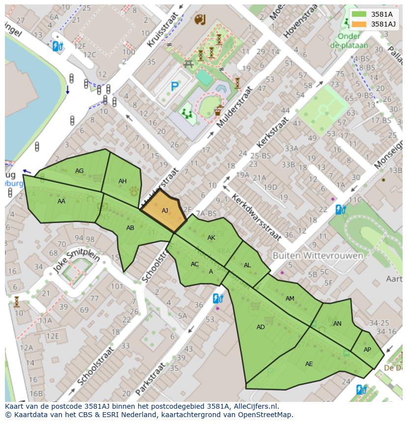Afbeelding van het postcodegebied 3581 AJ op de kaart.