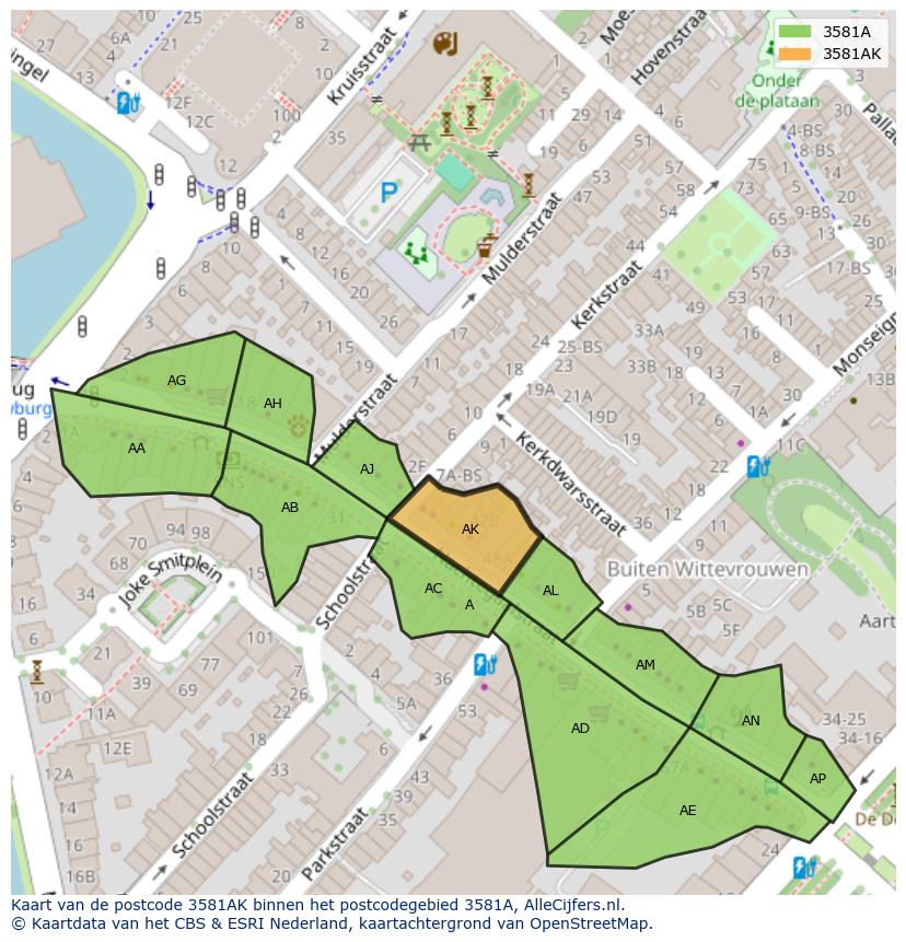 Afbeelding van het postcodegebied 3581 AK op de kaart.